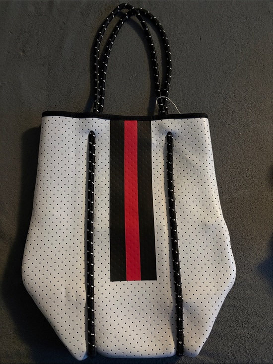 Handbags - FASHION White Perforated Tote with Black and Red Stripes and Wristlet -